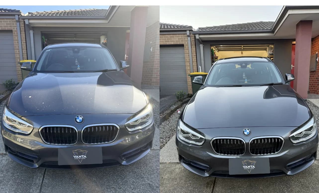 Grey BMW 118i front before and after a full pre-sale detail
