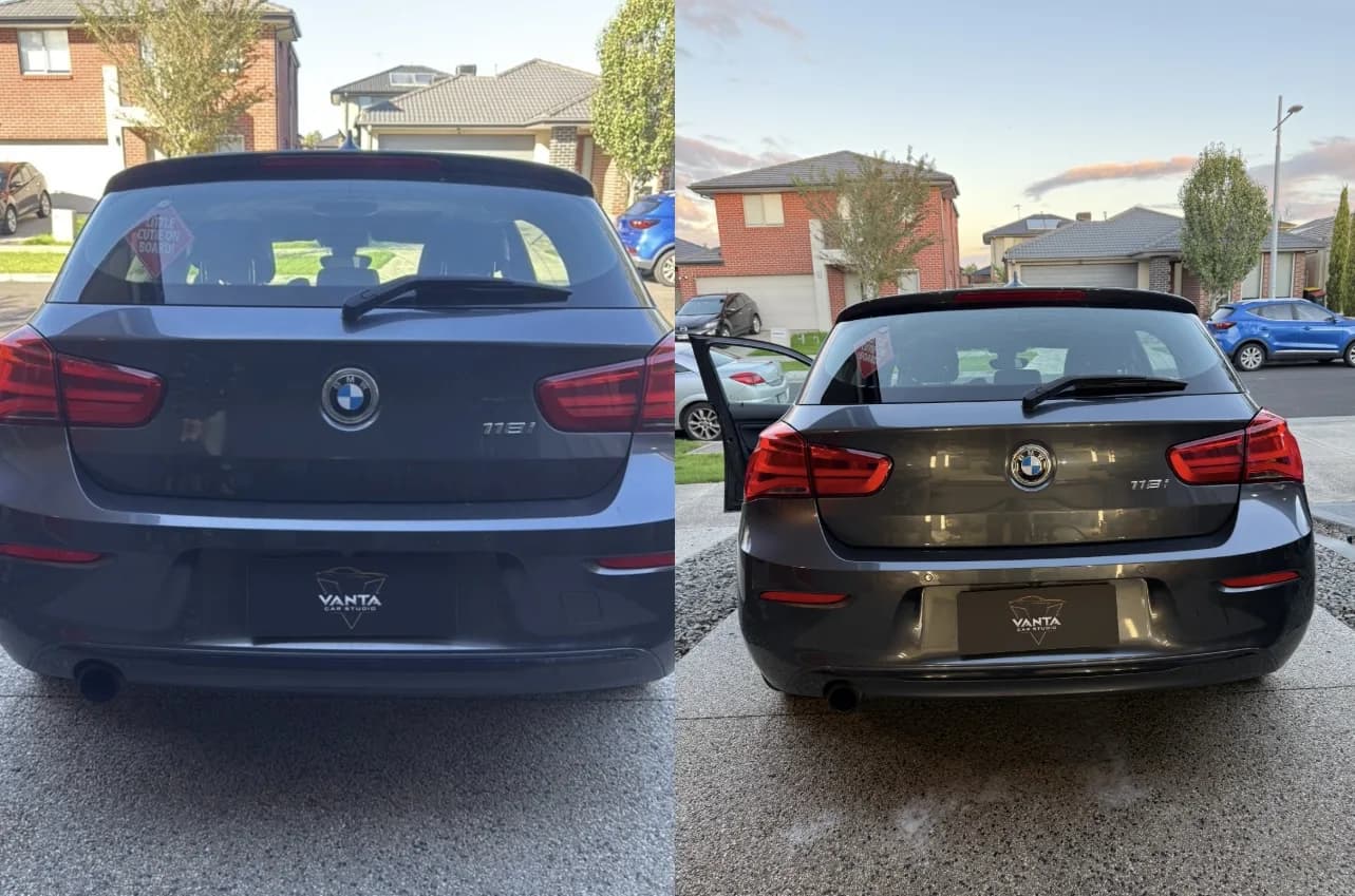 Grey BMW 118i rear before and after a full detail