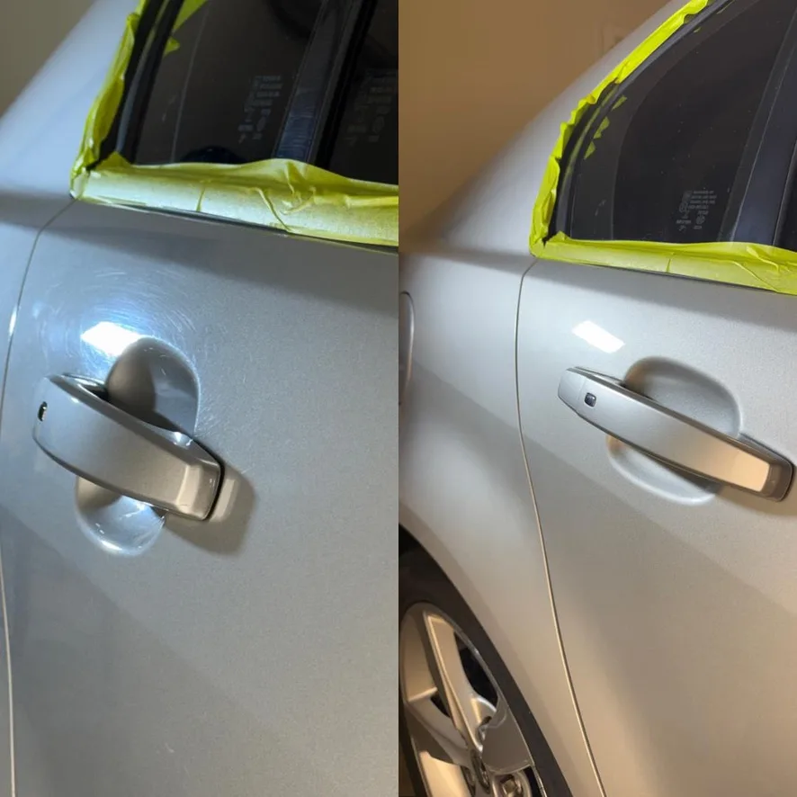 Car door before and after swirl-mark correction