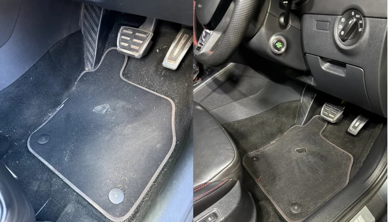 Driver footwell and mat before and after a hot-steam clean