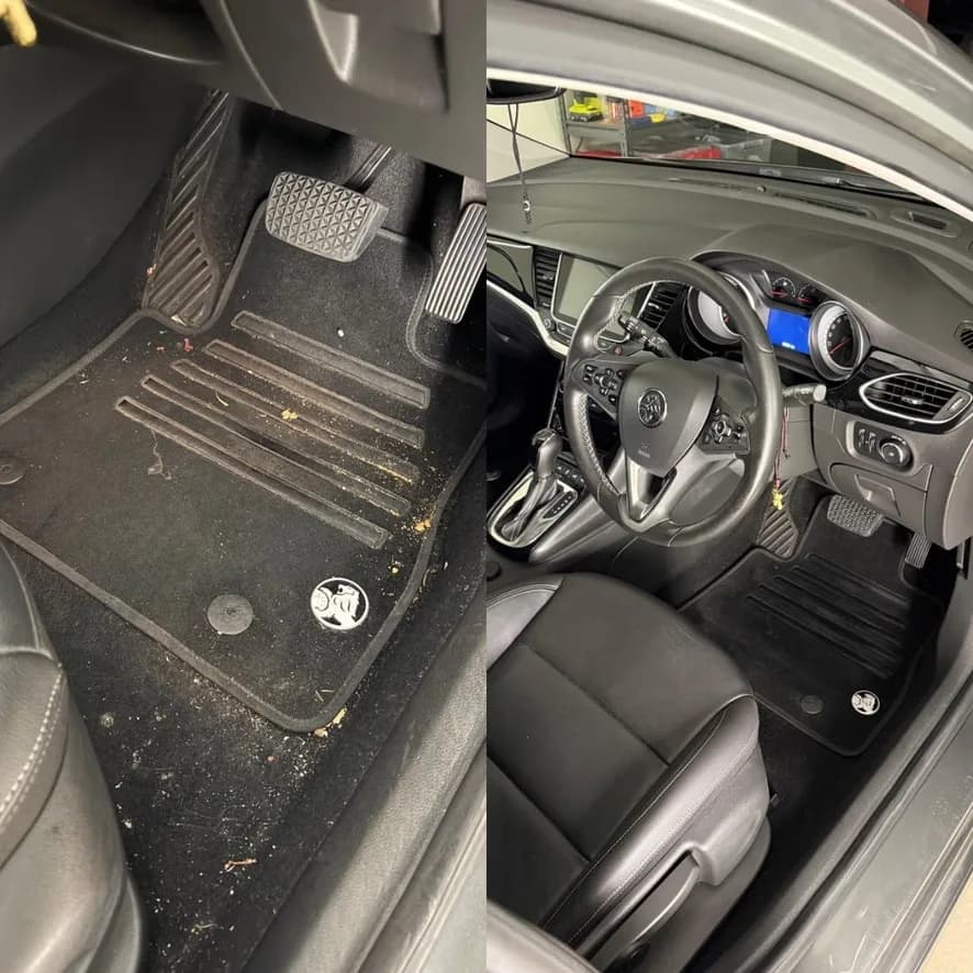 Car floor mat and cabin before and after a full interior detail