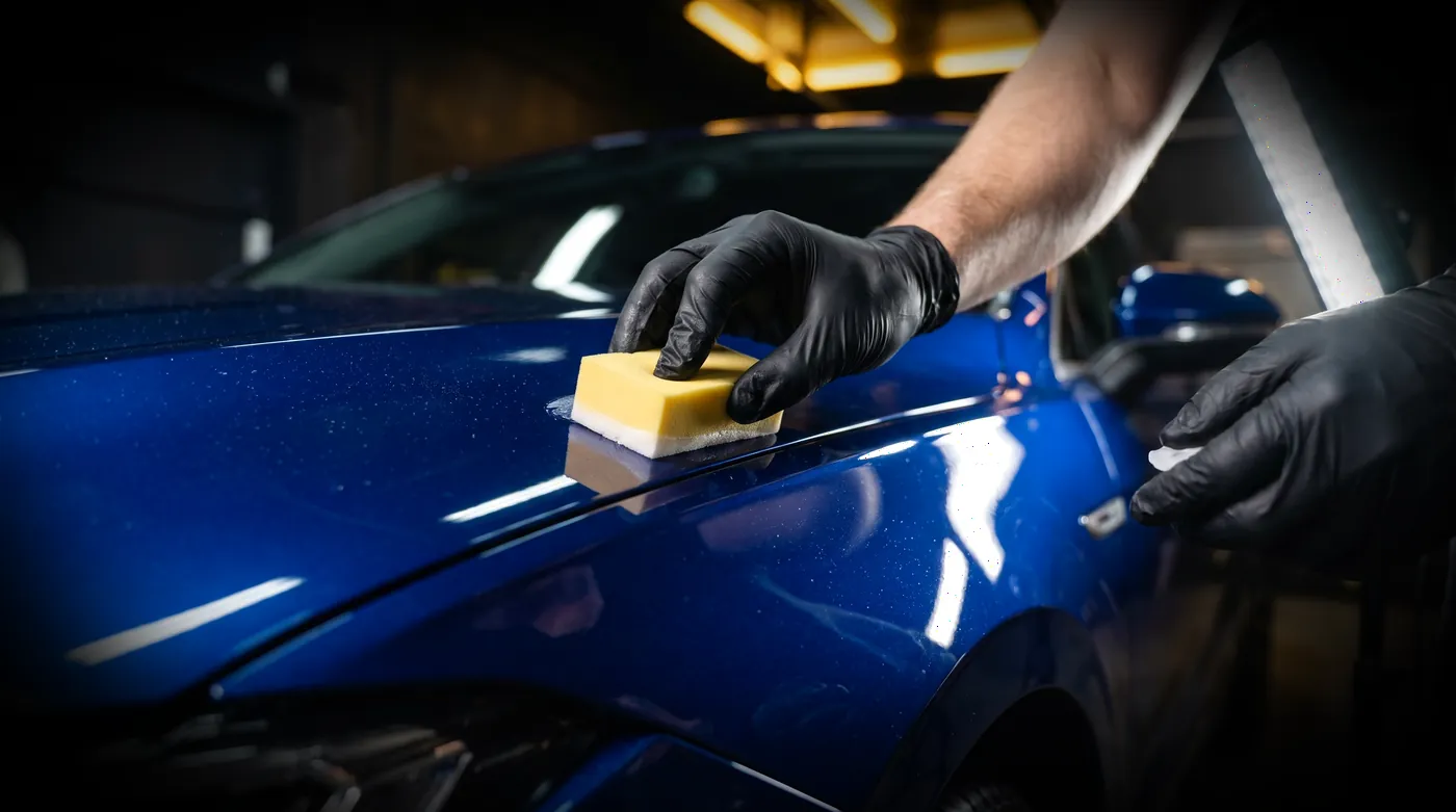 Applying ceramic coating to a glossy metallic-blue car panel