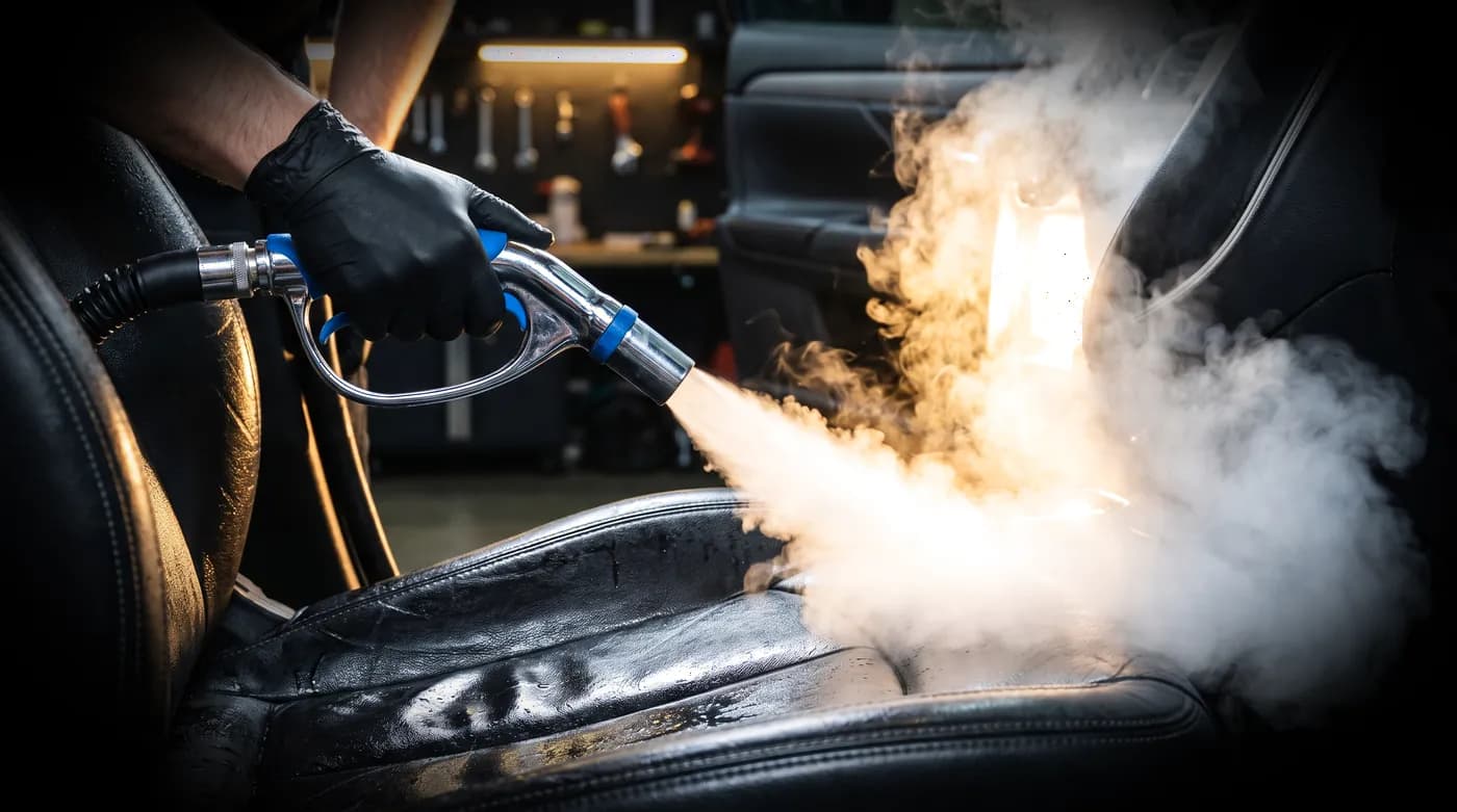 Hot steam lifting grime from a dark car seat